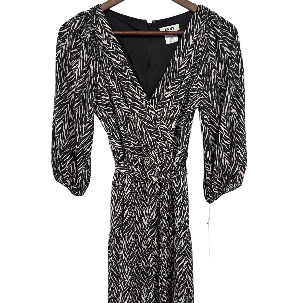 DKNY Zebra Print Midi Dress 6P Petite NWT Belted Black Ivory 3/4 Sleeve Stretch - Picture 3 of 11